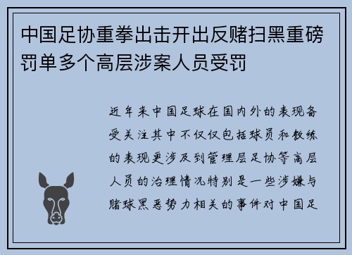 中国足协重拳出击开出反赌扫黑重磅罚单多个高层涉案人员受罚